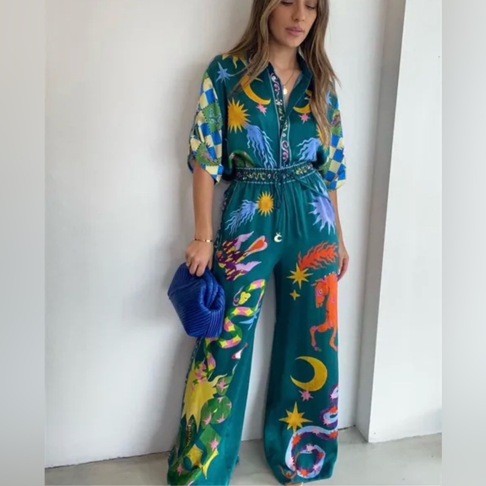 Printed Wide-Leg Jumpsuit in Teal with Celestial Motif - Picture 5 of 16